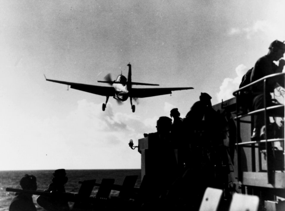 General Motors TBM-1C Avenger of VT-51 takes off from USS San Jacinto (CVL-30) on 28 June 1944 (80-G-238783)