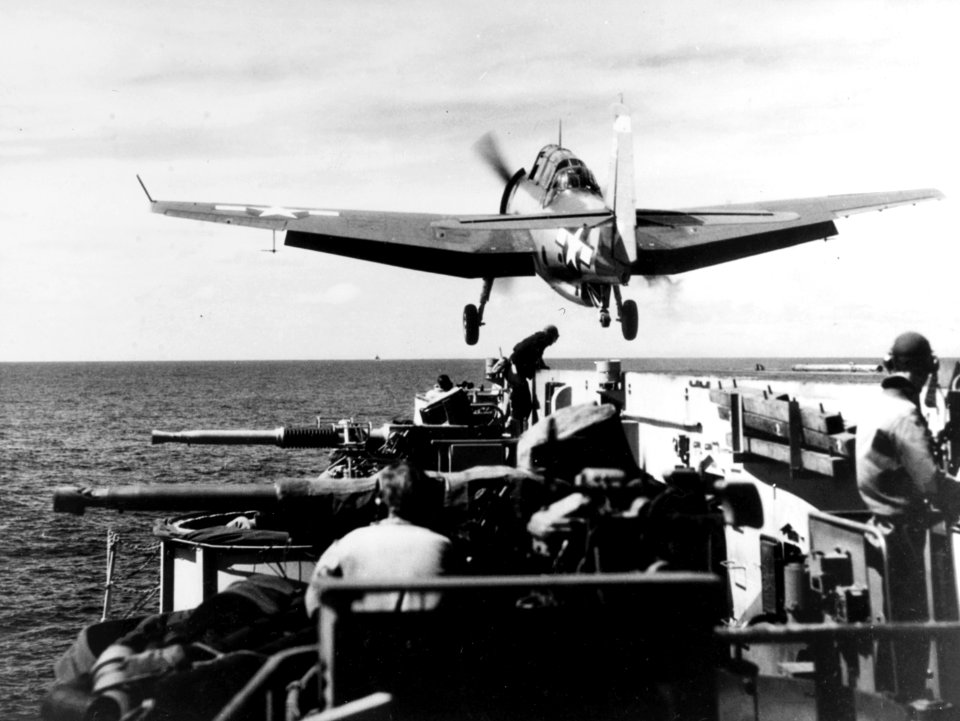 General Motors TBM Avenger is catapulted from USS Makin Island (CVE-93), circa in 1945 (NH 69419)