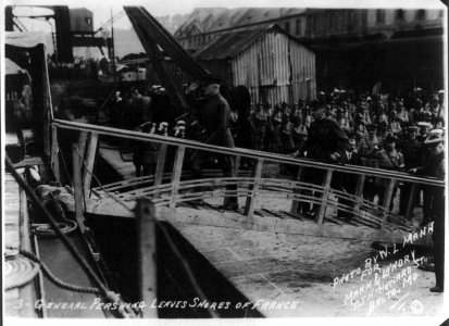 General Pershing (boarding ship and saluting) leaves shores of France LCCN2002705813