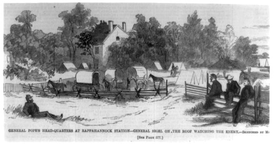 General Pope's headquarters at Rappahannock Station - General Sigel on the roof watching the enemy (Va.) LCCN99614168