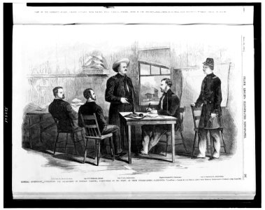 General Rosencranz, (i.e. Rosecrans) commanding the Department of Western Virginia, surrounded by his staff, at their headquarters, Clarksburg, Va. - from a sketch by our special artist with LCCN92508758