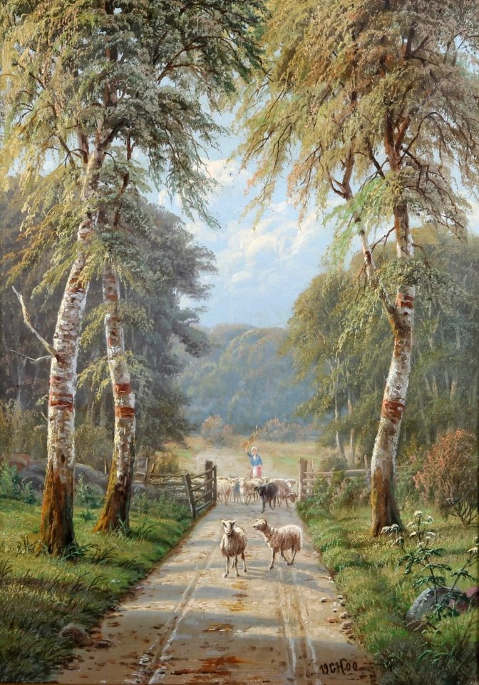 Gustav Holmbom. A woman pounding a flock of sheep, 1900