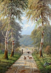 Gustav Holmbom. A woman pounding a flock of sheep, 1900