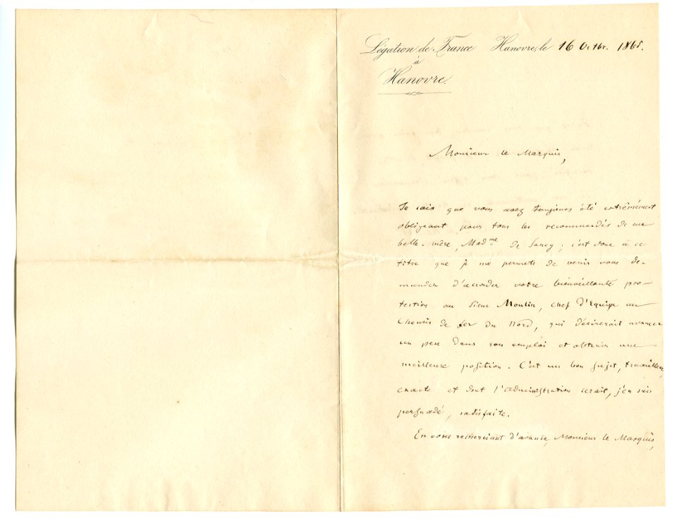 Gustave Armand Henri, Comte de Reiset, 1821-1905, ministre plénipotentiaire de la France à Hanovre, lettre concernant le chef d'Équipe au chemin de fer du Nord. 1865-10-16. Page 1