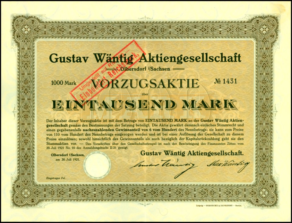 Gustav Wäntig AG 1921