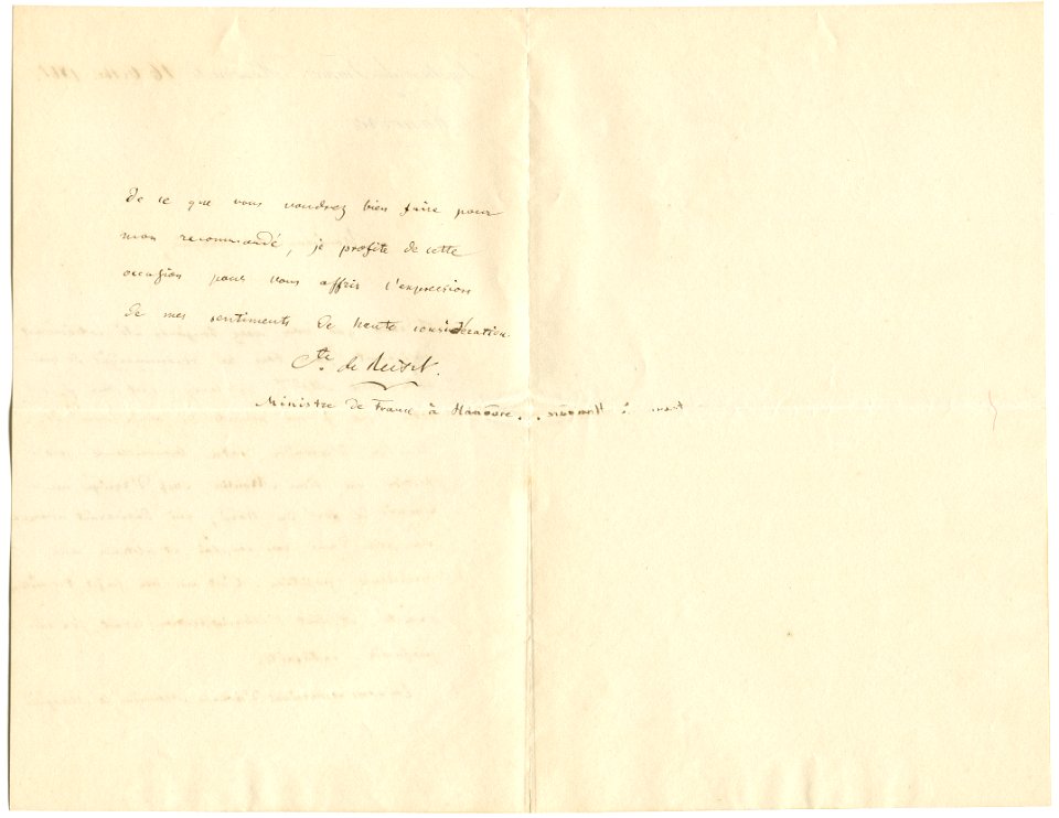 Gustave Armand Henri, Comte de Reiset, 1821-1905, ministre plénipotentiaire de la France à Hanovre, lettre concernant le chef d'Équipe au chemin de fer du Nord. 1865-10-16. Page 2