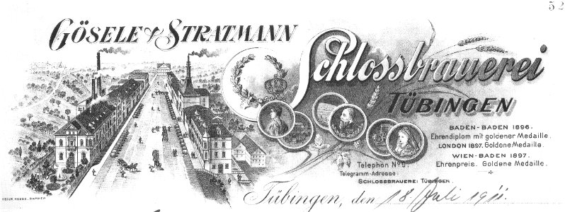 Gösele & Stratmann Schlossbrauerei Tübingen - Briefkof Anf. 20.Jh. (TSiW025)
