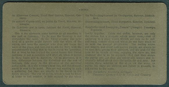 H. C. White Co. 2126 An afternoon Concert at the Tivoli Beer Garden, Hanover, Germany. 1901. The Perfect Stereograph Trade Mark Patented April, 14, 1903. Back side