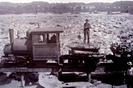 H.K. Porter narrow gauge locomotive ('dinky') during the 1895-1900 construction of the stone dam in Holyoke, Massachusetts