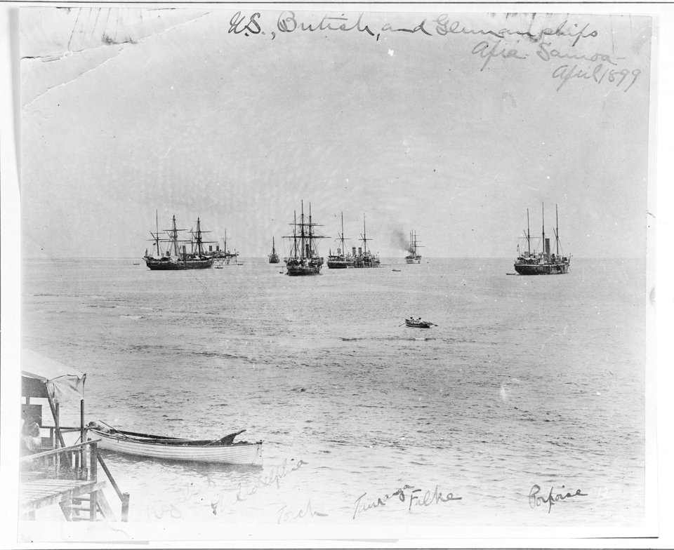 H.M.S. Royalist; USS Philadelphia (C-4); H.M.S. Torch; H.M.S. Tauranga; German cruiser Falke; and H.M.S. Porpoise, at Apia, Samoa, April 1899 - NH 4