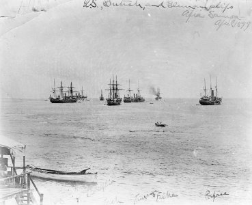 H.M.S. Royalist; USS Philadelphia (C-4); H.M.S. Torch; H.M.S. Tauranga; German cruiser Falke; and H.M.S. Porpoise, at Apia, Samoa, April 1899 - NH 4