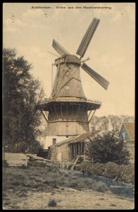 Haarlemmerweg met molen de Korenbloem bij de huidige Nieuwpoortkade. Uitgave B. Brouwer, Amsterdam, Afb PBKD00058000006