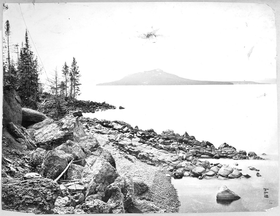 East shore of Yellowstone Lake showing Promontory Point. Yellowstone National Park. - NARA - 517622