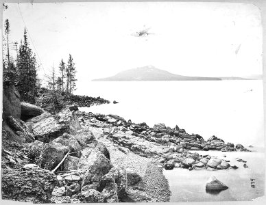 East shore of Yellowstone Lake showing Promontory Point. Yellowstone National Park. - NARA - 517622