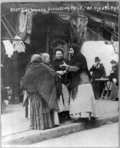 East Side women discussing price of meat during N.Y.C. Meat Boycott. Apr. 1910 LCCN2004679521
