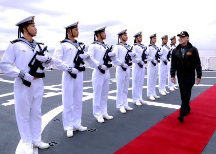 Ecretary of the Navy (SECNAV) the Honorable Ray Mabus is rendered honors by Chinese sailors during a visit to the Chinese People's Liberation Army Navy Jiangkai II-class ship Xu Zhou (FFG 539).