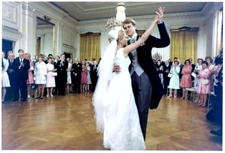 Ed Cox and Tricia Nixon Cox Dancing the First Dance at their Wedding Reception in the White House East Room