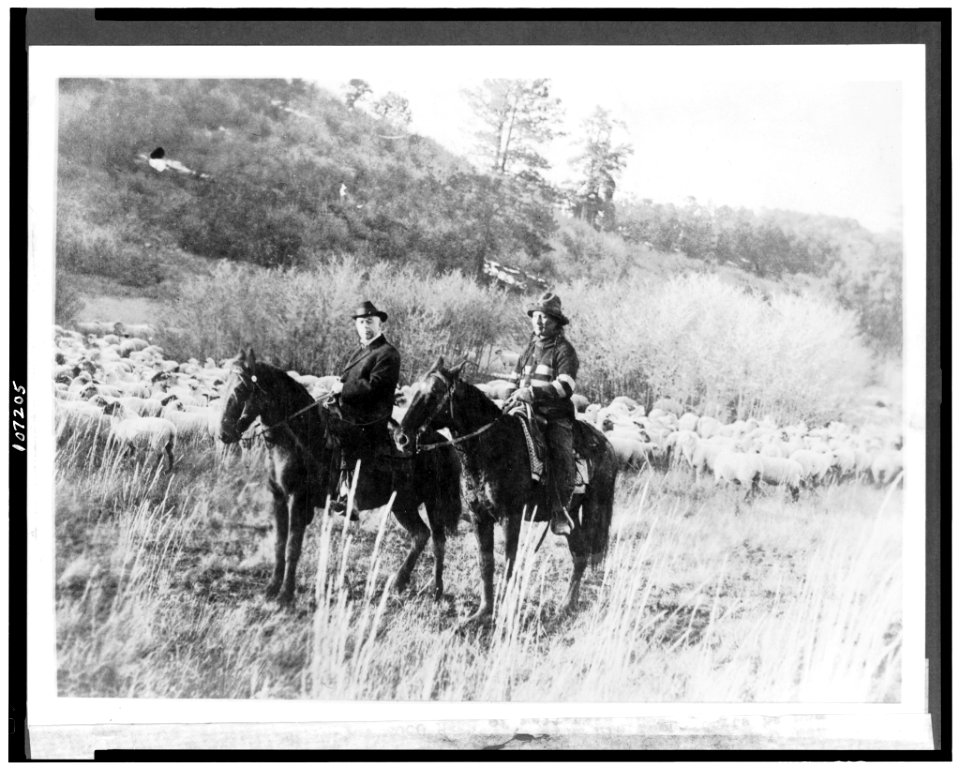 Edd Ladd, full-blood Apache Indian, of the Jicarilla Reservation, New Mexico, with Indian Commissioner Cato Sells, on horseback LCCN93502786
