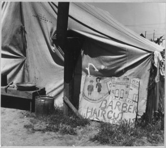 Edison, Kern County, California. Close-up of barber shop in migratory potato pickers camp. ... Note . . . - NARA - 521785