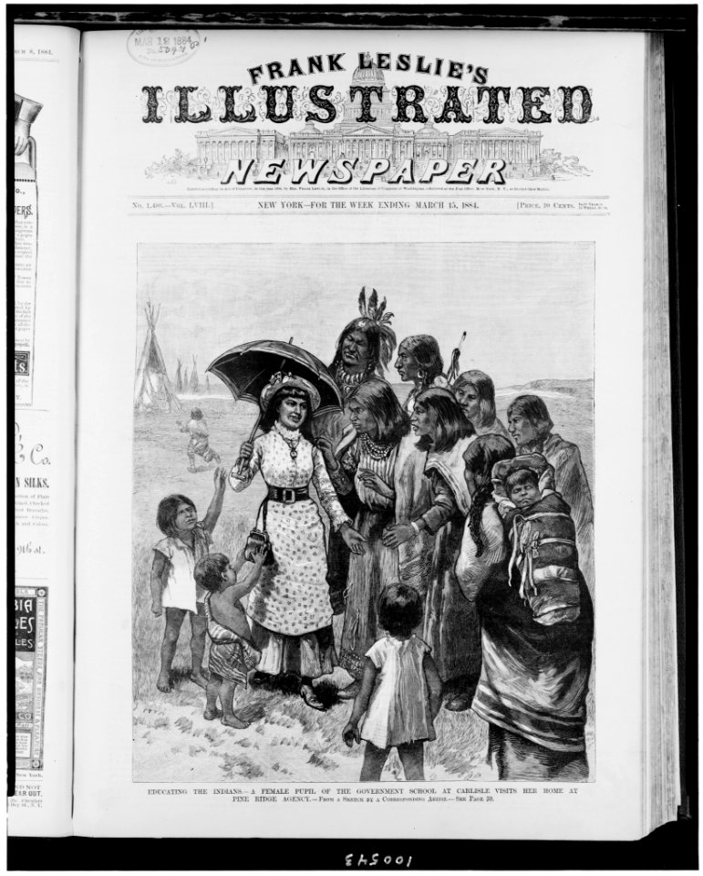 Educating the Indians-a female pupil of the government school at Carlisle visits her home at Pine Ridge Agency - from a sketch by a corresponding artist. LCCN90712911