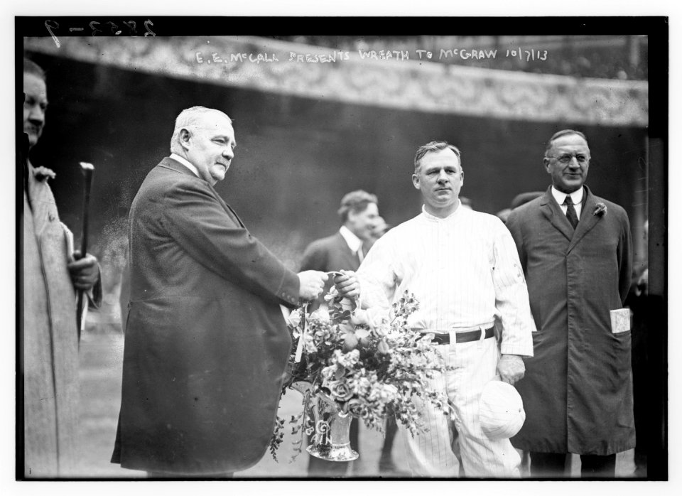 Edward McCall presents a silver basket of flowers to New York Giants manager John McGraw at Polo Grounds, NY (baseball) LCCN2014694423