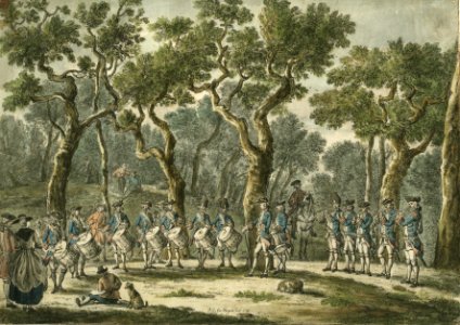 Een oefening van tamboers en pijpers op de Oude Mannenberg in het Haagse Bos (1769) photo