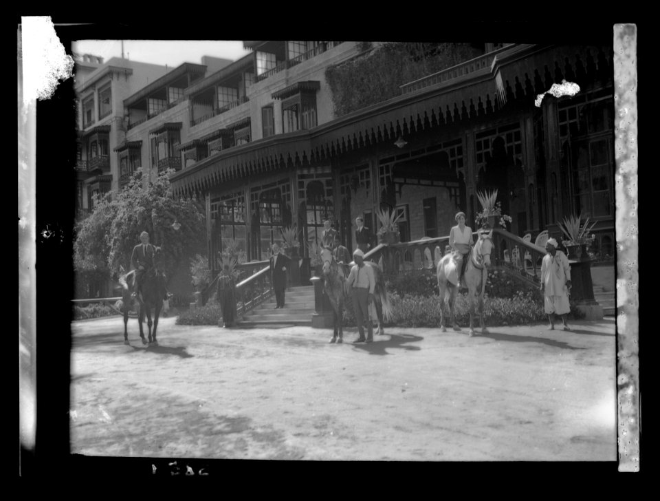 Egyptian Hotels, Ltd, Cairo. Mena House hotel. Exterior. Showing a riding party at main entrance LOC matpc.15592