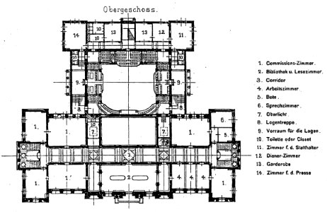 Ehemaliges Landesausschuss-Gebäude in Straßburg, 1888 und 1892 nach Entwürfen der Architekten Skjold Neckelmann und August Hartel, Grundriss Obergeschoss, Tafel 91, Kick Jahrgang I