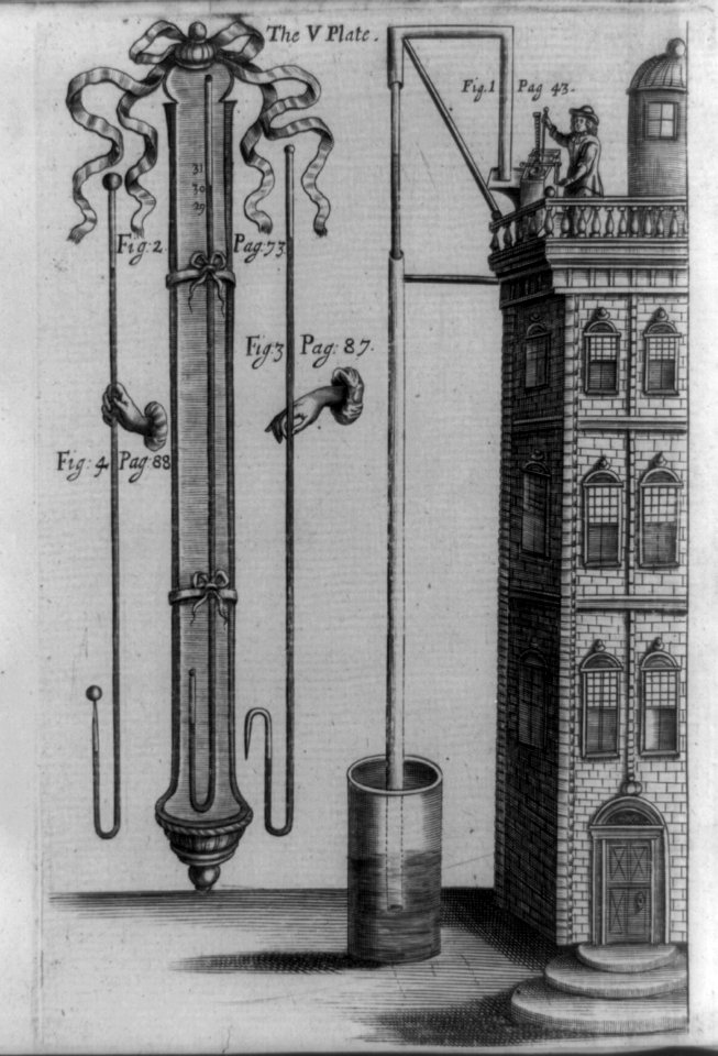 Eight-foot mercury barometer and water pumping demonstration from four-story house proving law that height of fluids raised by suction or pressure varies inversely to its specific gravity LCCN92518541