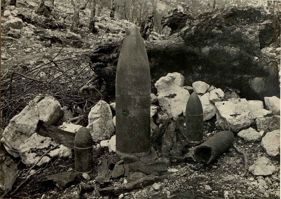 Eine Sammlung Blindgänger und Sprengstücke am Monte Hum. (BildID 15470546)