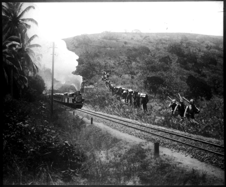 Eingeborenen-Pfad mit Trägerkarawane und Bild einer deutschen Eisenbahn