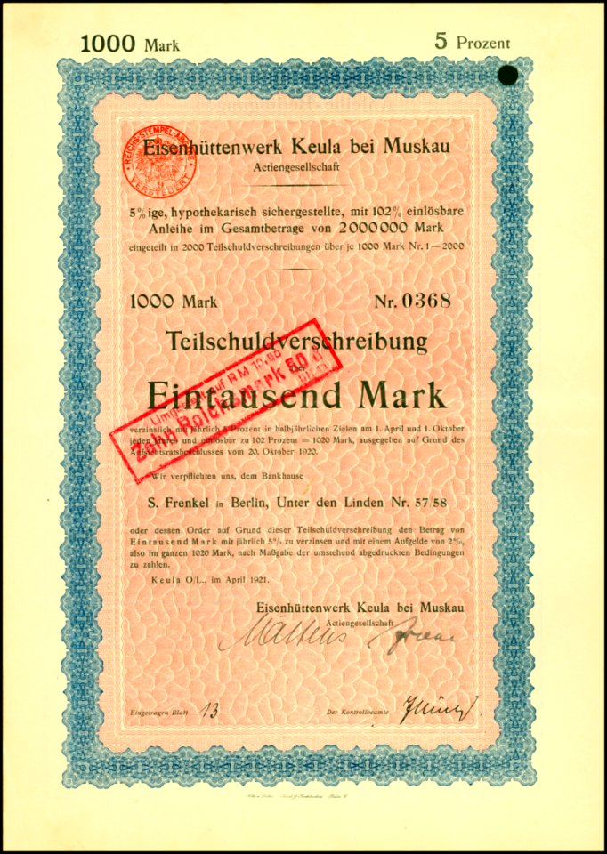 Eisenhüttenwerk Keula 1921 1000 Mk