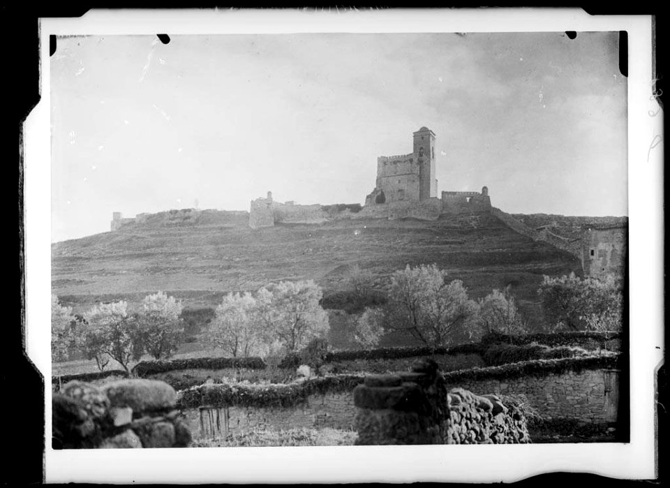 El castell de Benavarri voltat de muralles i alguns arbres en primer terme