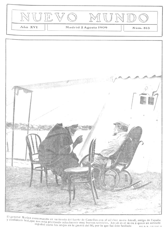 El general Marina conversando en su tienda del fuerte de Camellos con Amadi, de Campúa, Nuevo Mundo, 05-08-1909