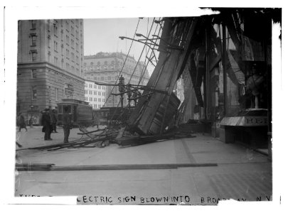 Electrical sign blown into Broadway, N.Y. LCCN2014690107