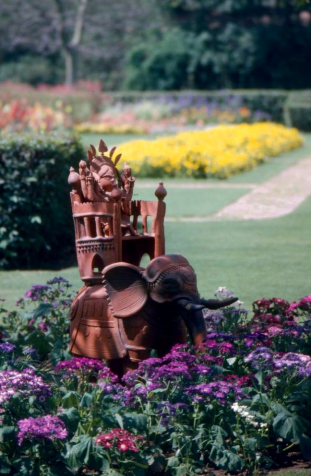 Elephant statue in a garden, during First Lady Jacqueline Kennedy’s trip to India