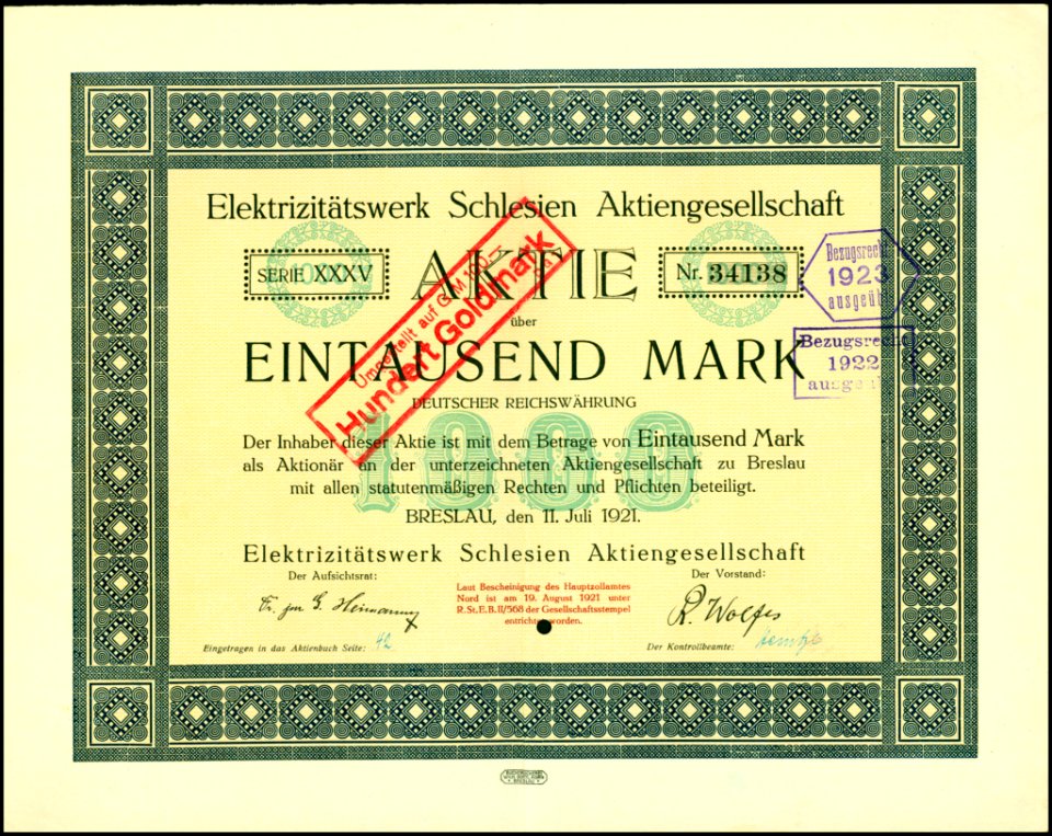Elektrizitätswerk Schlesien 1921 1000 Mk