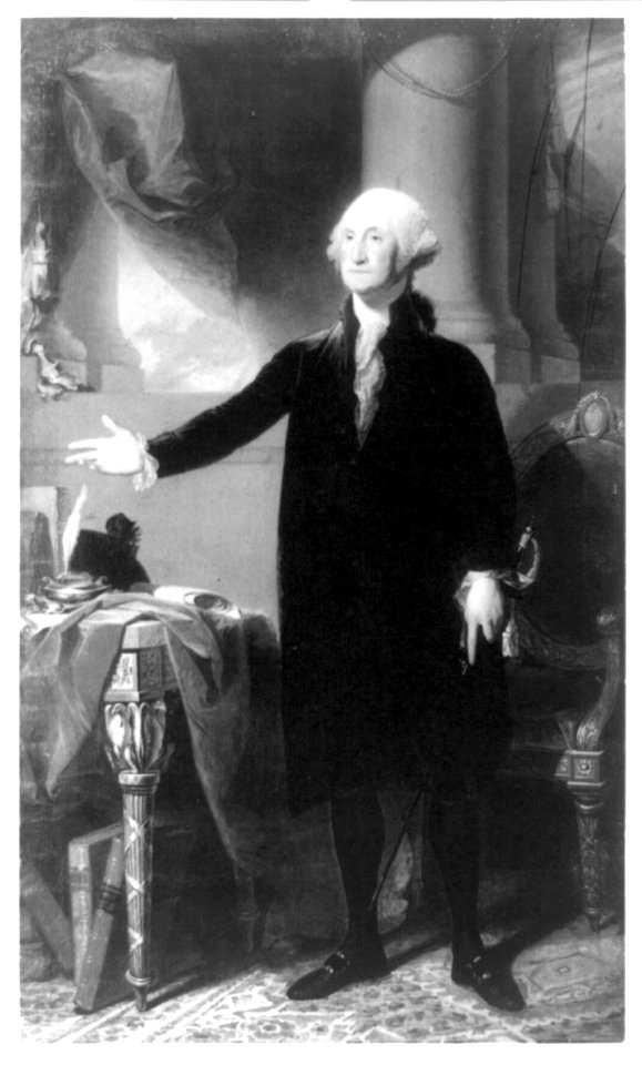George Washington, full-length portrait, standing, facing left, right hand raised above table LCCN89707935