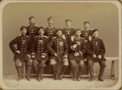 Georgievskie kavalery imieiushchie znaki otlichiia voennago ordena. Za dielo na Chopan-Atinskikh vysotakh 1-go Maia 1868 g. 3-go Turk. Lin. Batal. unt.-of. Betenev, Viedomin, Kolybin, LCCN2007680285