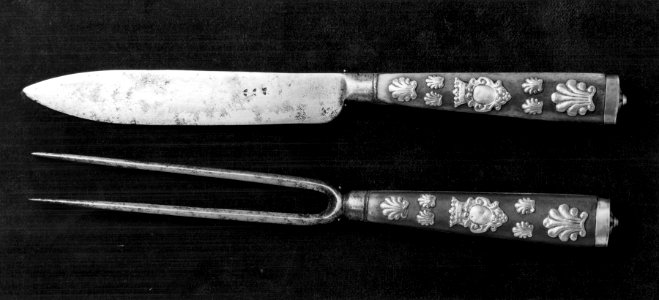 German - Knife and Fork with Stained Green Bone Handles and Silver Appliques - Walters 571805