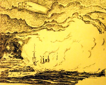 German airship above a warship, artwork by Will Geiger (31999119312)
