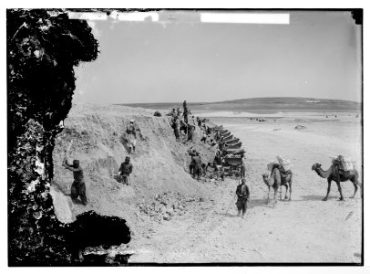 German Baghdad Railway, 190 . Digging into hillside and hauling soil by camels and handcar LOC matpc.04672