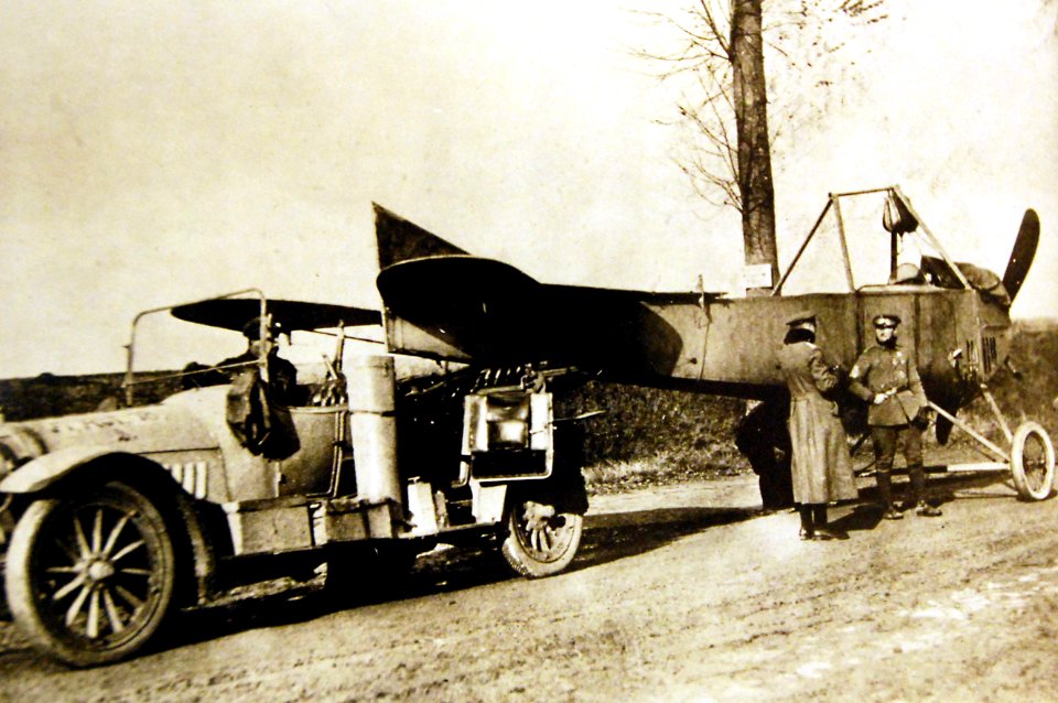 German airplane bening towed by automobile during WWI, 1915 (29277145670)