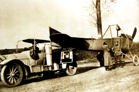 German airplane bening towed by automobile during WWI, 1915 (29277145670)