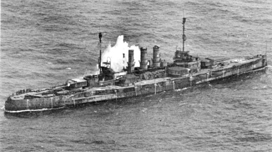German Battleship SMS Ostfriesland being hit by aireal bomb