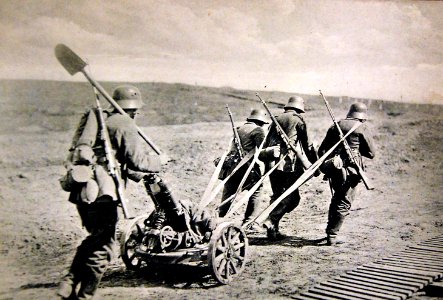 German mine throwing machine being moved into position at Ypres, Belgium, WWI (29331931611)