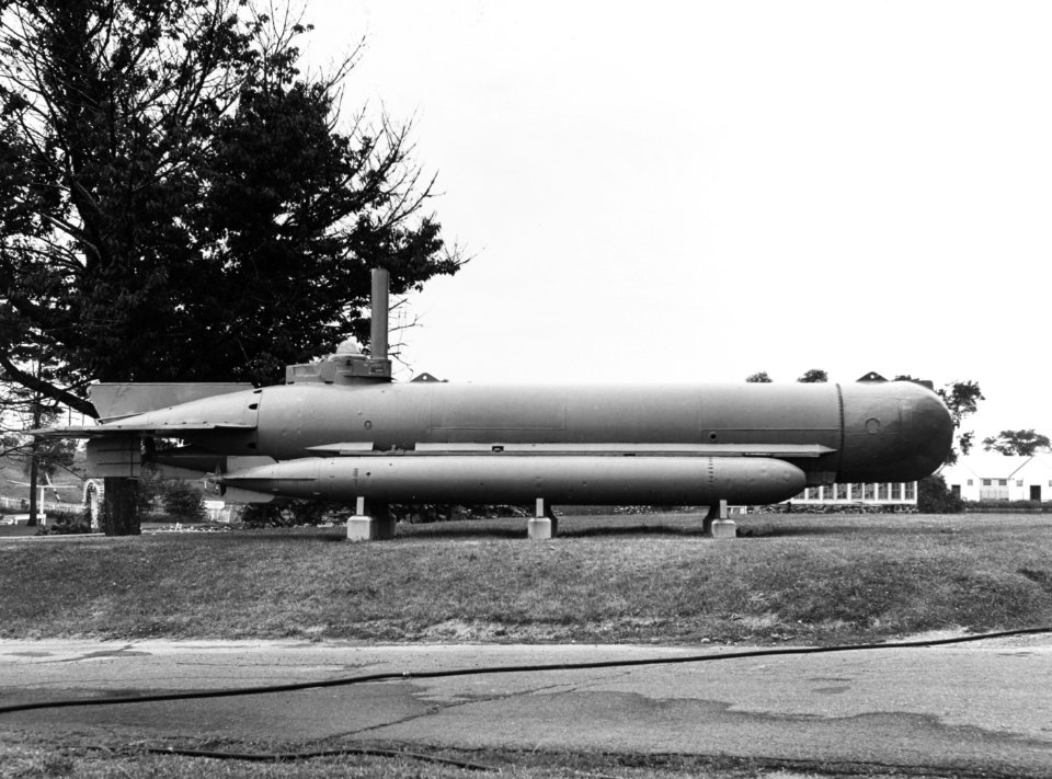 German Molch submarine on display at the Navy Portsmouth Naval Shipyard in the 1950s