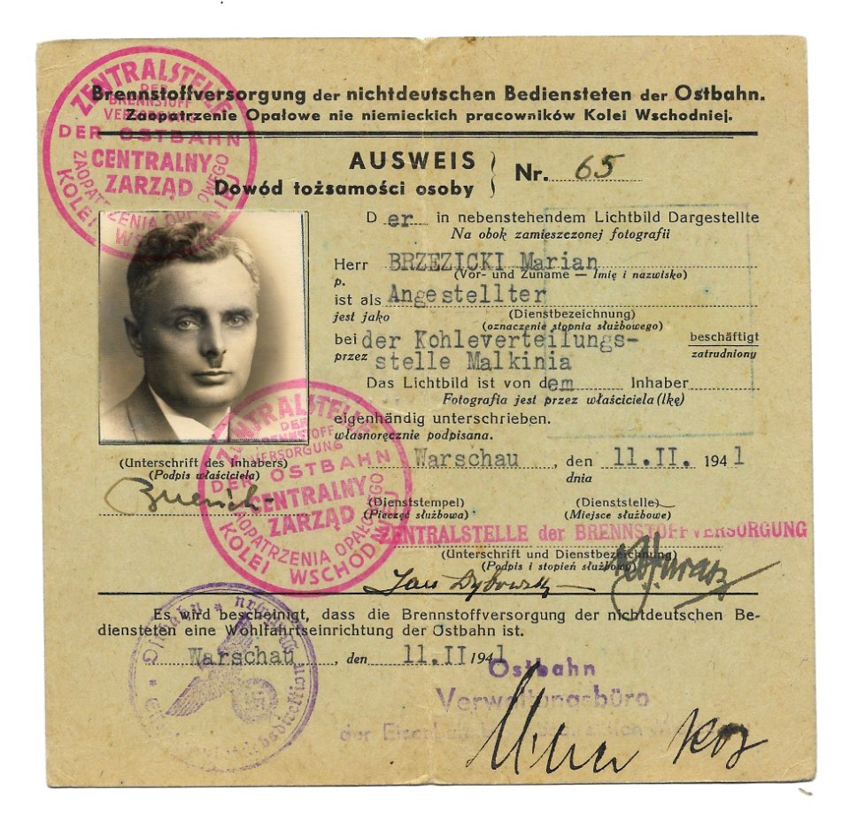 German ID issued to a worker who was posted to the Malkinia train station near Treblinka