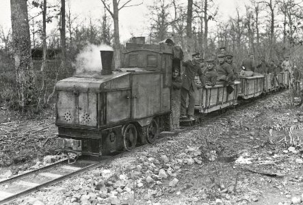 German narrow gauge locomotive making a troop run directly behind the Western Front in the spring of 1917