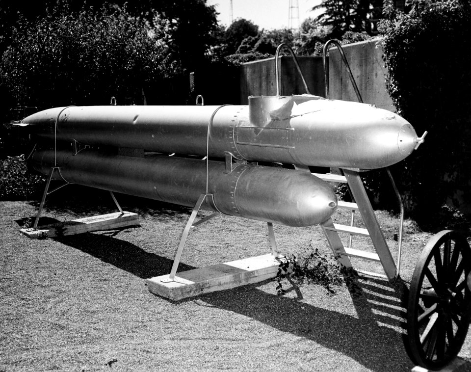German Marder type human torpedo at the Mare Island Naval Shipyard in June 1957